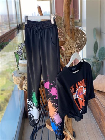 Paçası Boyalı Eşofman Pantolon (SİYAH)