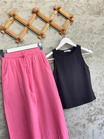 Paçası Pileli Müslin Pantolon (Pembe)