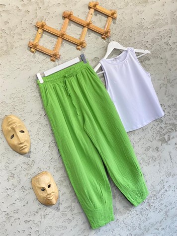 Paçası Pileli Müslin Pantolon (Yeşil)