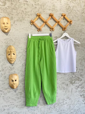 Paçası Pileli Müslin Pantolon (Yeşil)