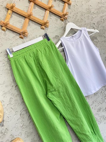 Paçası Pileli Müslin Pantolon (Yeşil)