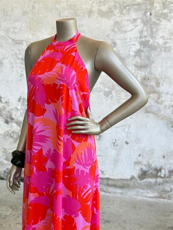 Palmiye Desenli Halter Yaka Elbise (Pembe)