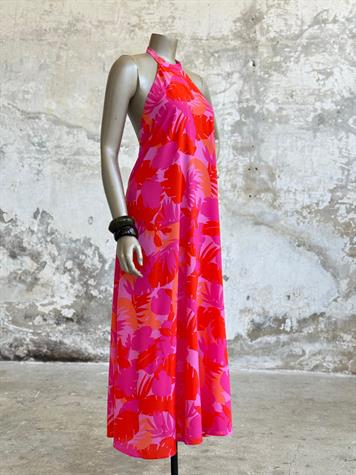 Palmiye Desenli Halter Yaka Elbise (Pembe)