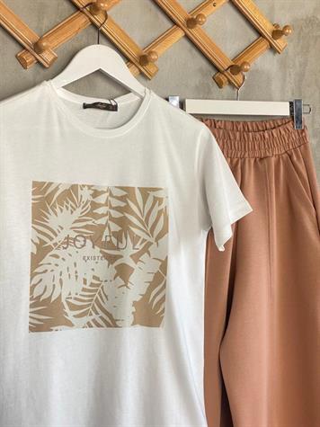 Palmiye Yaprak Baskılı Tişört (Bej)