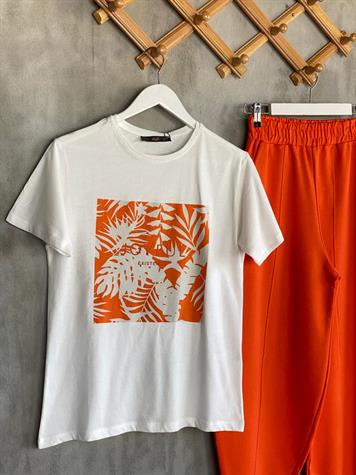 Palmiye Yaprak Baskılı Tişört (Oranj)