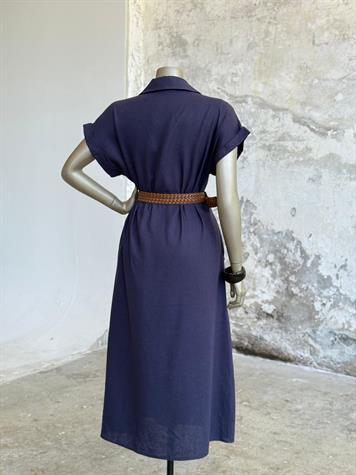 Pamuk Keten Kemerli Gömlek Elbise (Lacivert)