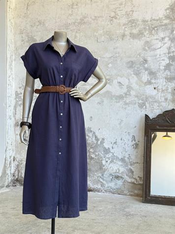Pamuk Keten Kemerli Gömlek Elbise (Lacivert)