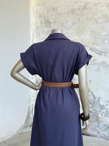 Pamuk Keten Kemerli Gömlek Elbise (Lacivert)