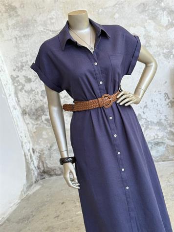 Pamuk Keten Kemerli Gömlek Elbise (Lacivert)