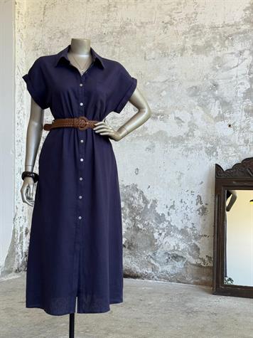 Pamuk Keten Kemerli Gömlek Elbise (Lacivert)