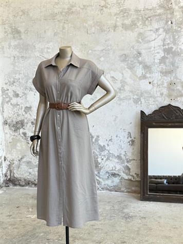 Pamuk Keten Kemerli Gömlek Elbise (Vizon)
