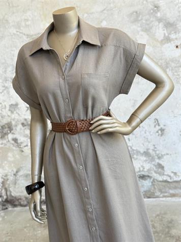 Pamuk Keten Kemerli Gömlek Elbise (Vizon)