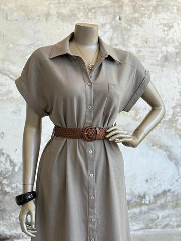 Pamuk Keten Kemerli Gömlek Elbise (Vizon)