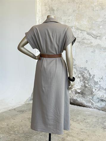 Pamuk Keten Kemerli Gömlek Elbise (Vizon)