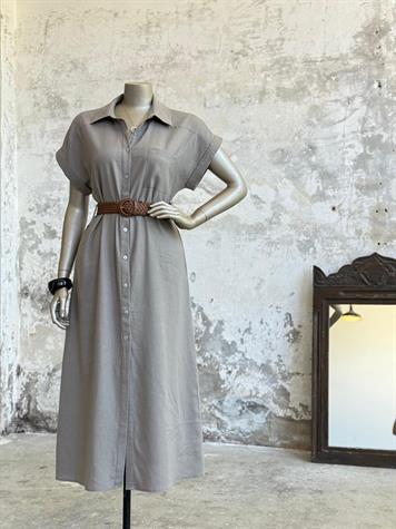 Pamuk Keten Kemerli Gömlek Elbise (Vizon)