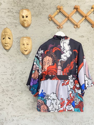Pamuk Şifon Siyah Tasarım Kimono
