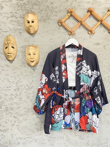 Pamuk Şifon Siyah Tasarım Kimono