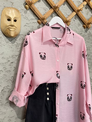 Panda Baskılı Dijital Gömlek (Pudra)