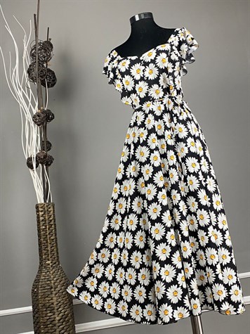 Papatya Desen Kolları Volanlı Elbise (Siyah)