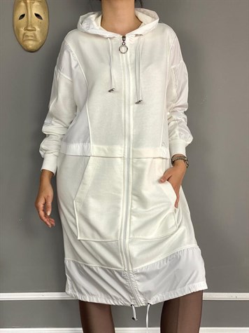 Paraşüt Kumaş Detaylı Uzun Tunik Ceket (Ekru)