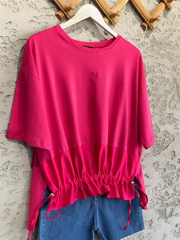 Paraşüt Kumaş Ön Büzgülü Tshirt (Fuşya)