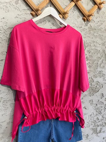Paraşüt Kumaş Ön Büzgülü Tshirt (Fuşya)