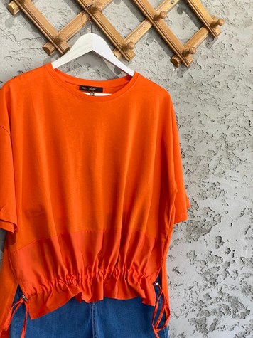 Paraşüt Kumaş Ön Büzgülü Tshirt (Oranj)