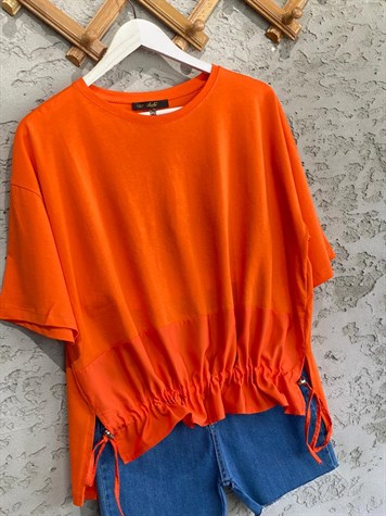 Paraşüt Kumaş Ön Büzgülü Tshirt (Oranj)