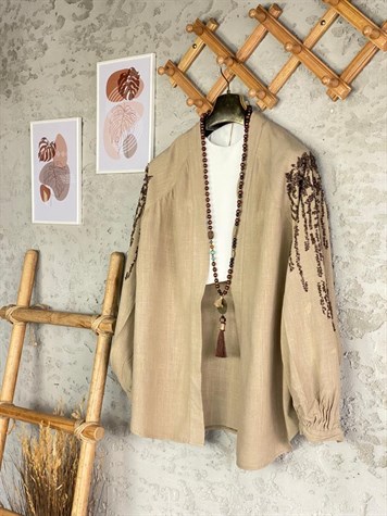 Payetli Özel El İşlemeli Kimono (Camel)