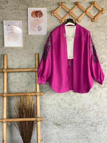 Payetli Özel El İşlemeli Kimono (Fuşya)