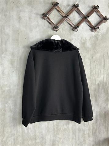 Kürk Yaka Yarım Fermuarlı Şardonlu Kadın Sweat (Siyah)
