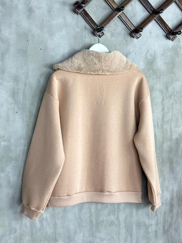 Kürk Yaka Yarım Fermuarlı Şardonlu Kadın Sweat (Camel)
