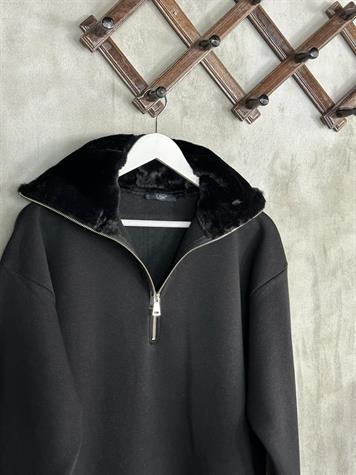 Kürk Yaka Yarım Fermuarlı Şardonlu Kadın Sweat (Siyah)