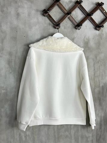 Kürk Yaka Yarım Fermuarlı Şardonlu Kadın Sweat (Beyaz)