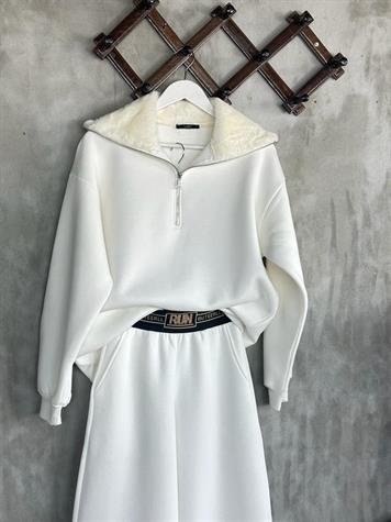 Kürk Yaka Yarım Fermuarlı Şardonlu Kadın Sweat (Beyaz)