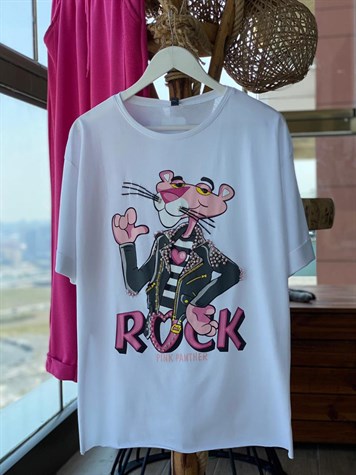 Pembe Panter Baskı Üzerine İnci Detaylı Tshirt