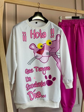 Pembe Panter Baskılı Tunik Sweat (Beyaz)