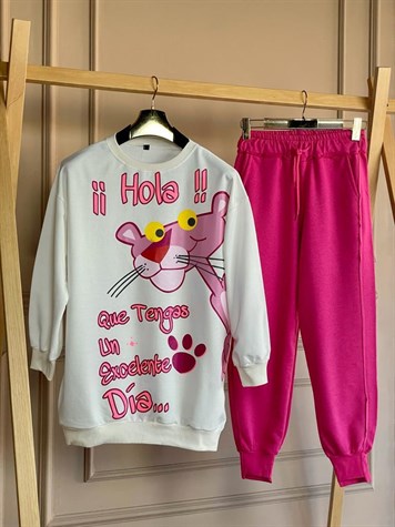 Pembe Panter Baskılı Tunik Sweat (Beyaz)