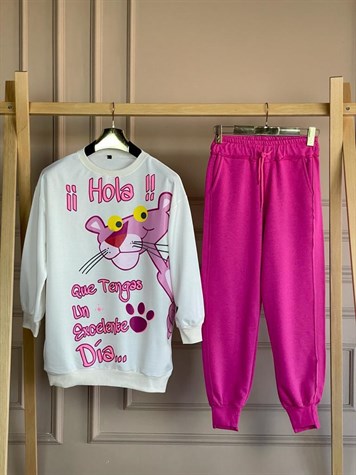 Pembe Panter Baskılı Tunik Sweat (Beyaz)