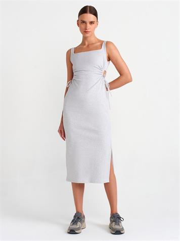 Pencere Detaylı Uzun Elbise (Gri)