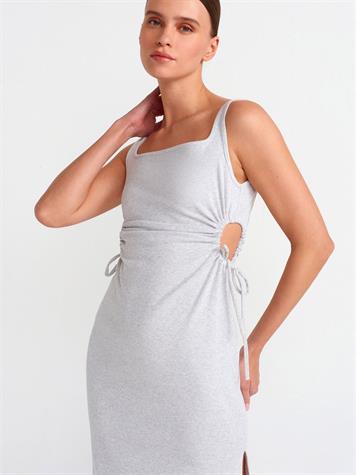 Pencere Detaylı Uzun Elbise (Gri)