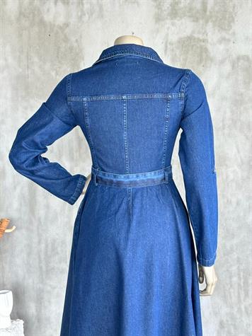 Polo Yaka Altı Asimetrik Kesim Kuşaklı Denim Elbise (Lacivert)