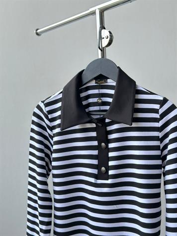Polo Yaka Çizgili Sweat (Siyah)