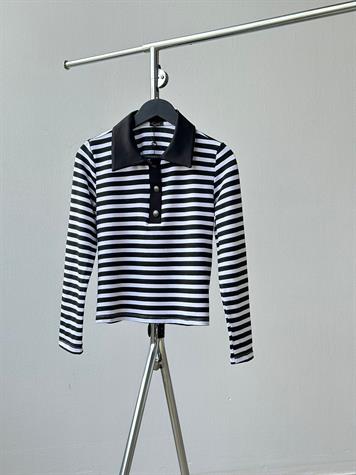 Polo Yaka Çizgili Sweat (Siyah)
