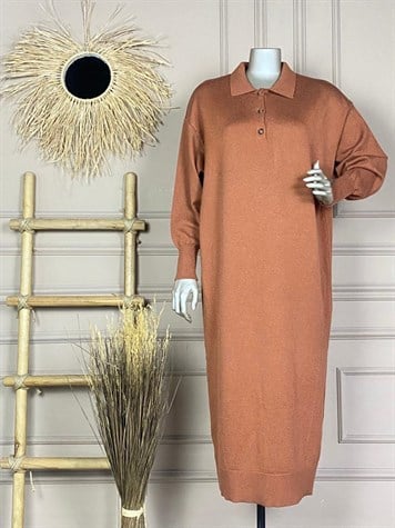 Polo Yaka Düğmeli Elbise (Açık Kahve)