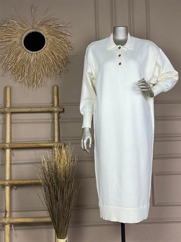 Polo Yaka Düğmeli Elbise (Ekru)