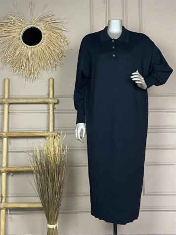 Polo Yaka Düğmeli Elbise (Siyah)
