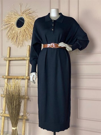 Polo Yaka Düğmeli Elbise (Siyah)