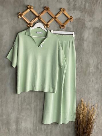 Polo Yaka Düğmeli Triko Takım  (Mint)