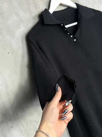 Polo Yaka Kristal Taş İşçilikli Merserize  Kadın Kazak (Siyah)